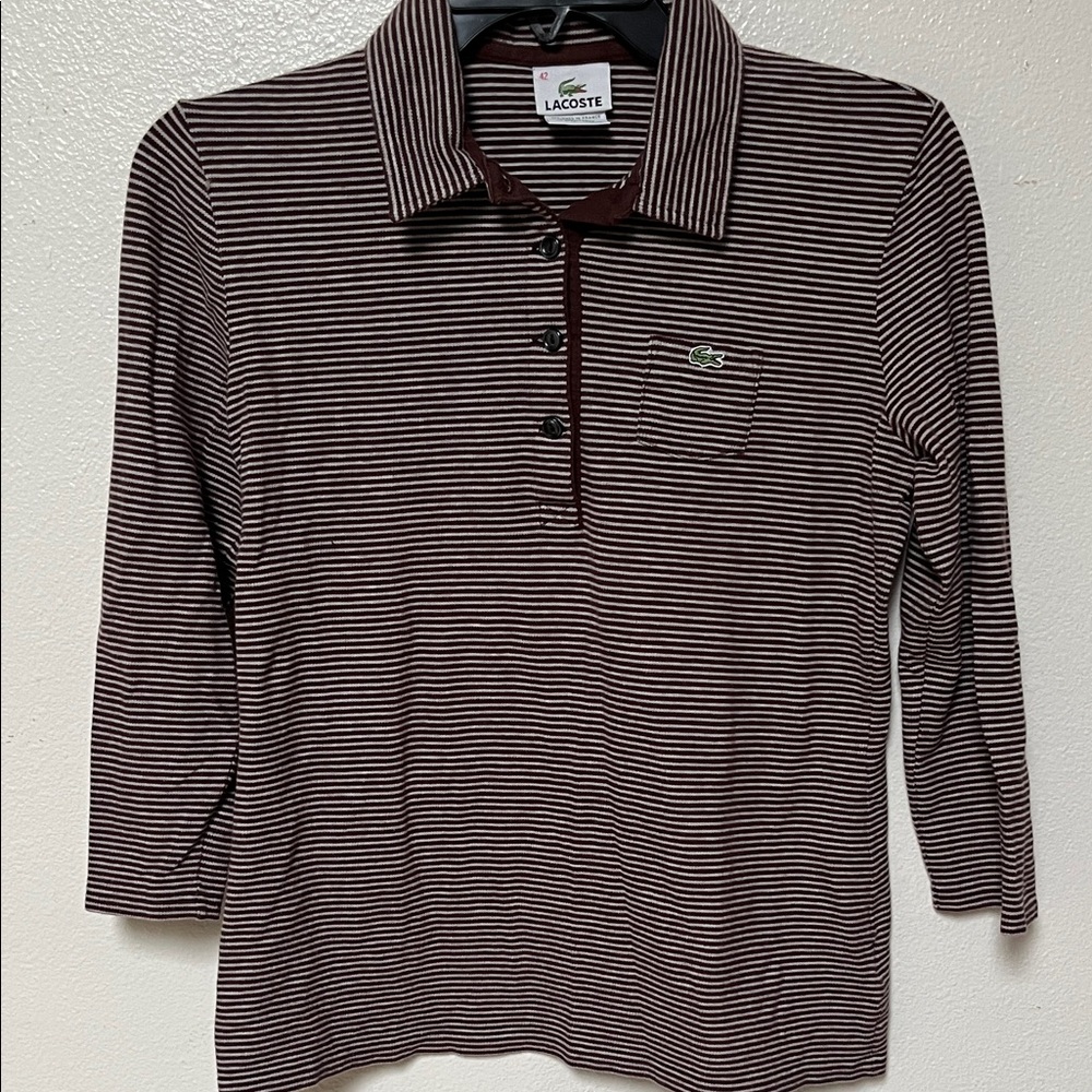Lacoste Brown and White Striped Long Sleeve Polo Tee